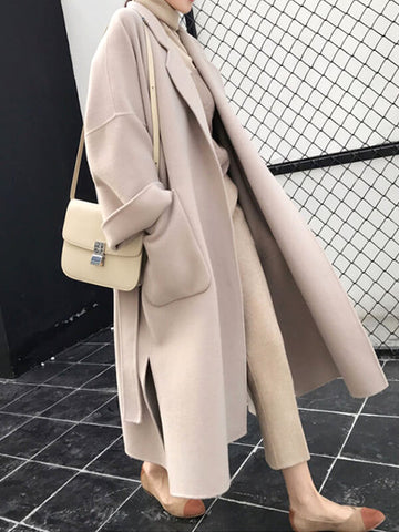 Airchics manteau en laine longue avec poches ceinture col revers femme élégant